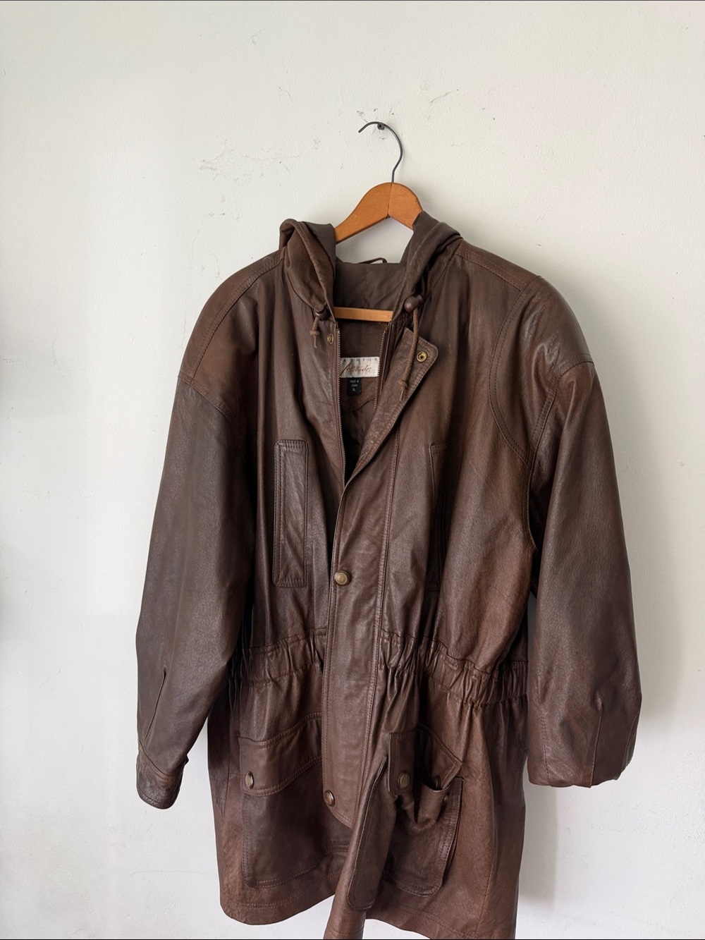 Men's Brown Leather Hooded Field Jacket - Military Style